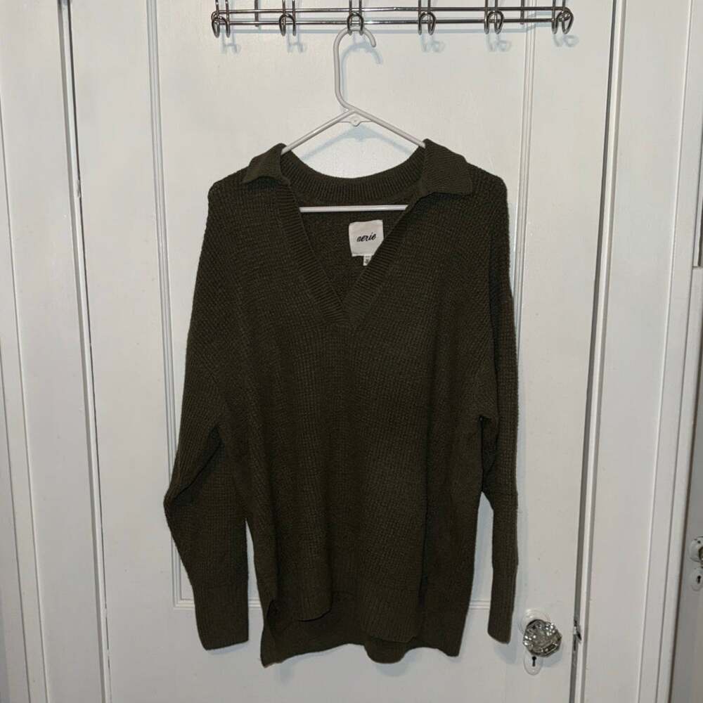 New Aerie Collared V Neck Oversized Knit Sweater Green Women's size S